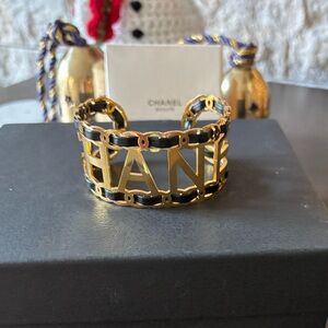 Chanel Gold and Black Logo Chain Cuff Bracelet